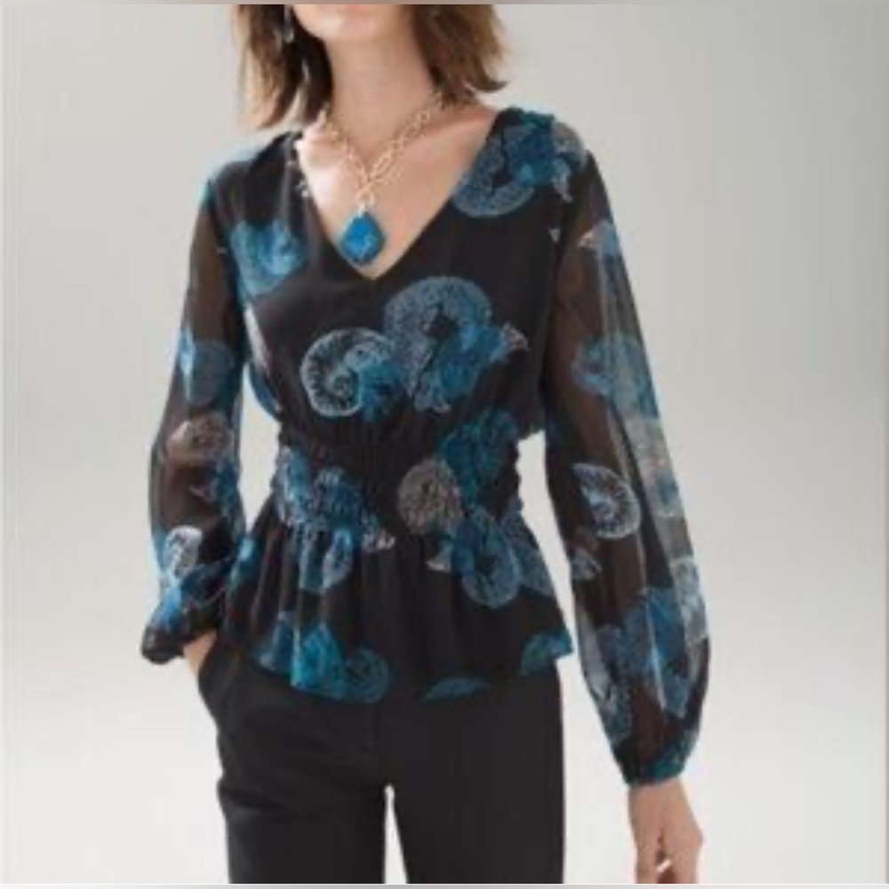 WHBM• V-neck smocked waist blouse, sheer sleeves, black and teal, medium